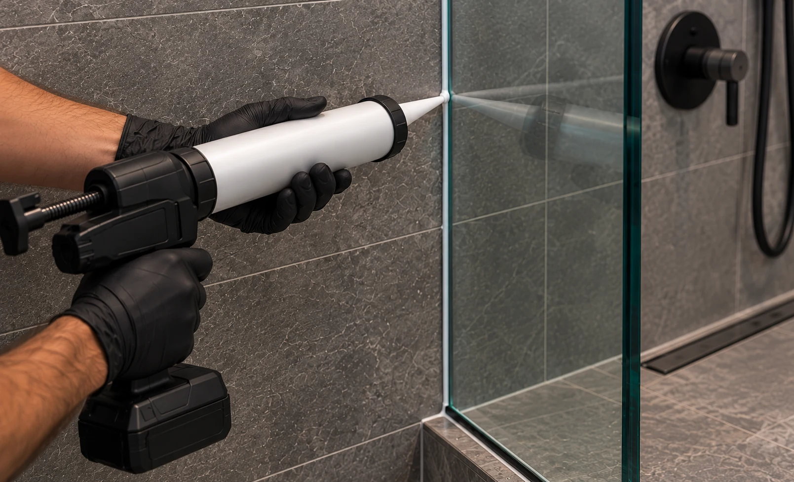 Illustration générée : mains gantées appliquant un joint de scellant entre une paroi de douche en verre et un mur carrelé gris