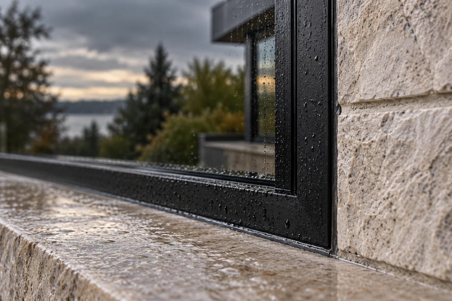 Illustration générée : gouttes de pluie sur une fenêtre noire et son appui en pierre claire