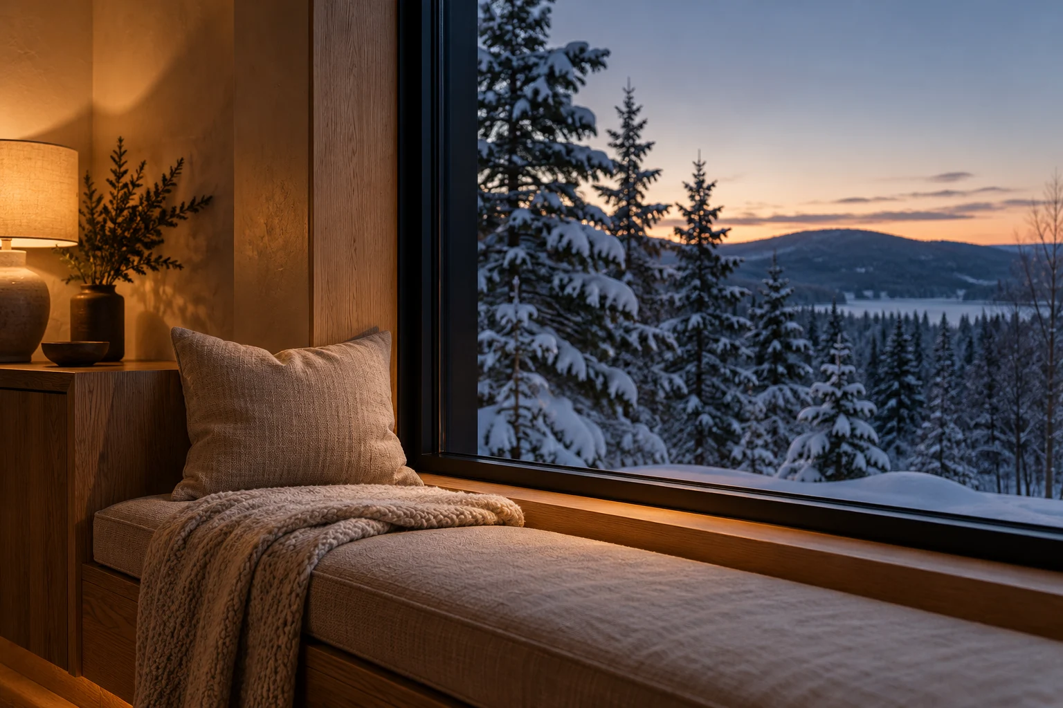Illustration générée : banquette et coussins près d’une grande fenêtre donnant sur des sapins enneigés au coucher du soleil