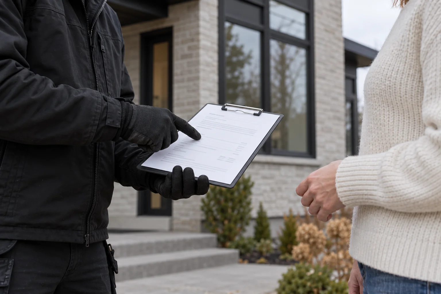 Illustration générée : technicien présentant un document sur un porte-documents à une personne devant une maison